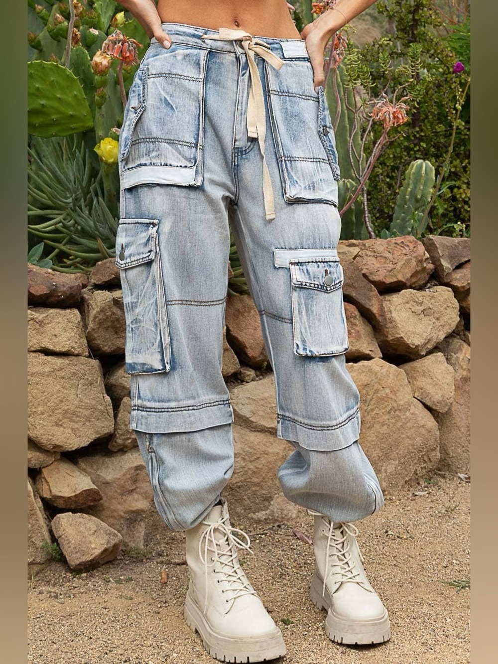 POL Cargo Pocket Drawstring Waist Baggy Denim Joggers NWOT Medium